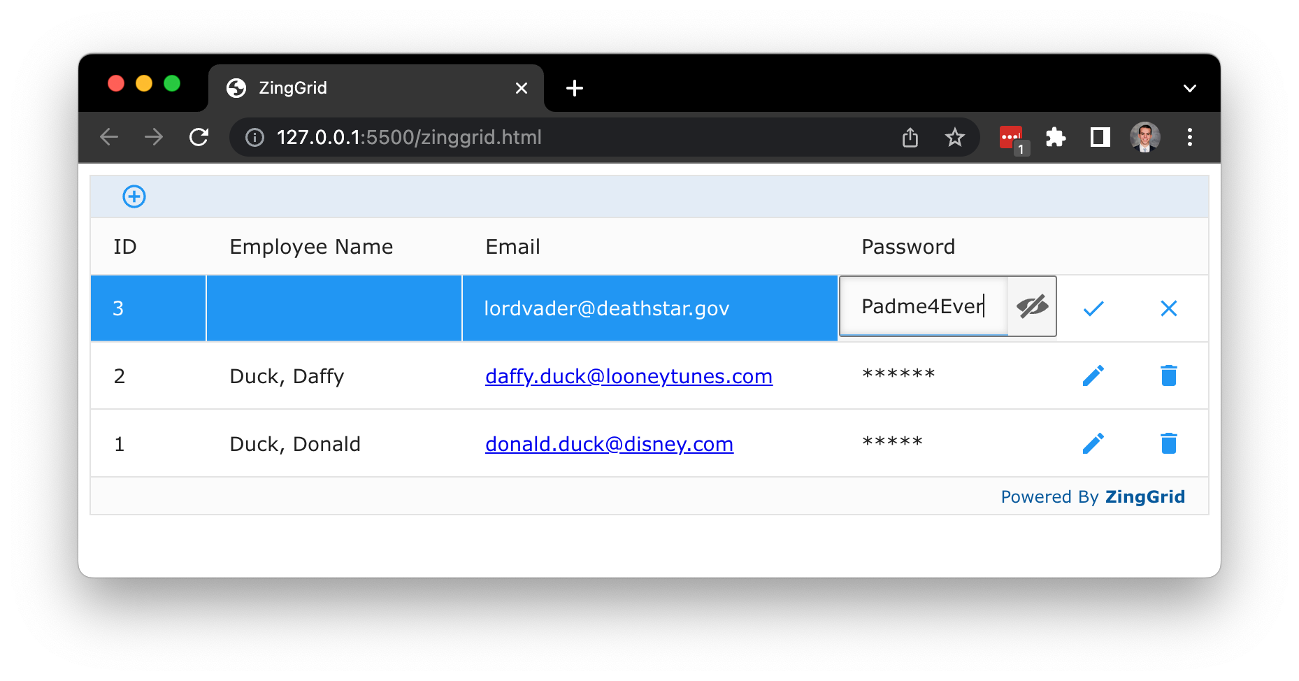 The same zing grid as the beginning with the fake user accounts, but the first row is in editing mode. The password cell is in focus, and the web component is shown in place of the default password input field. The password is current shown.