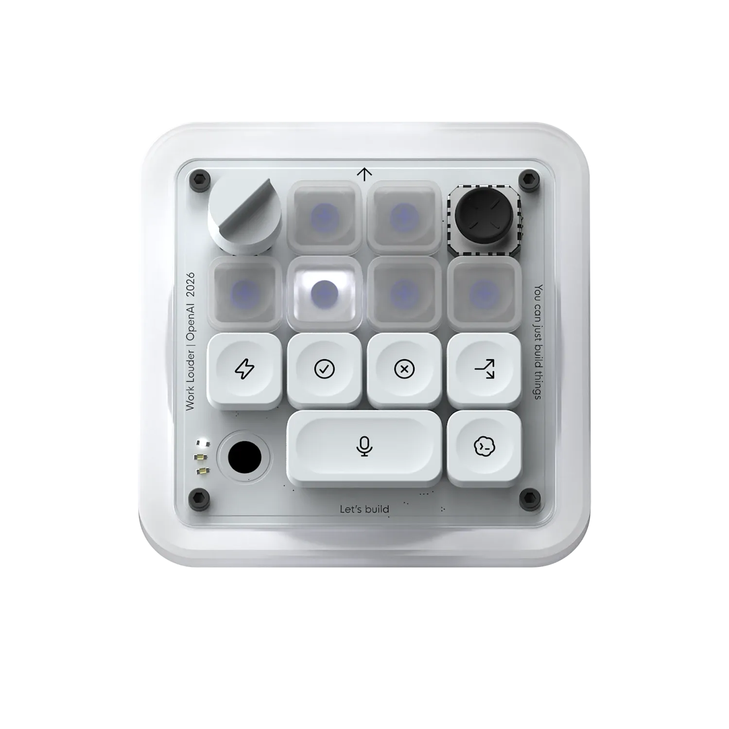 Codex Micro 正面配置,可看到 RGB Agent Keys、旋鈕、搖桿與指令鍵。
