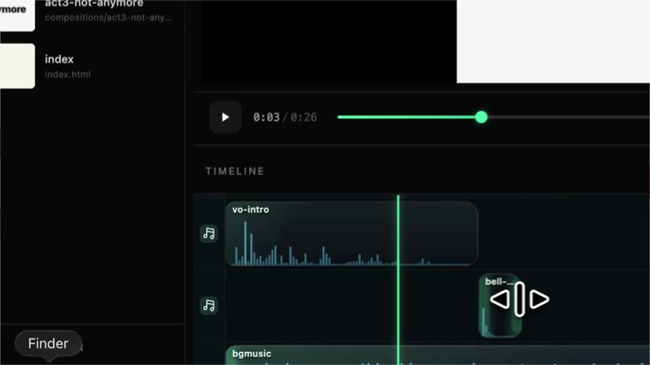 HyperFrames Studio 顯示影片、配音與背景音樂時間軸