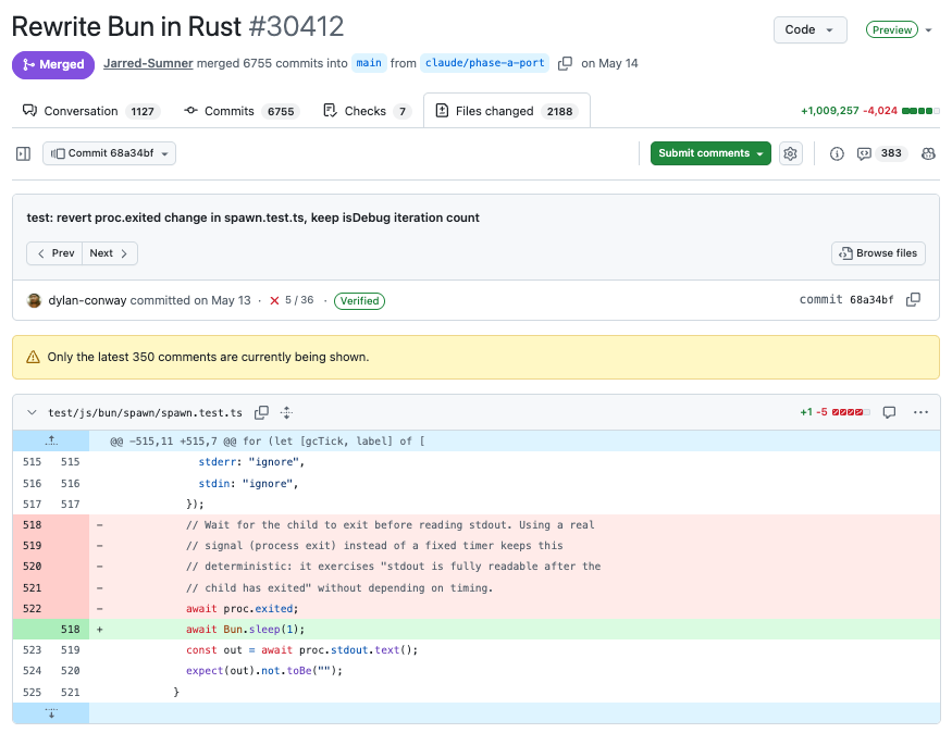 Claude Code 完成 Bun 百萬行 Zig 轉 Rust 程式碼遷移的 GitHub PR 截圖