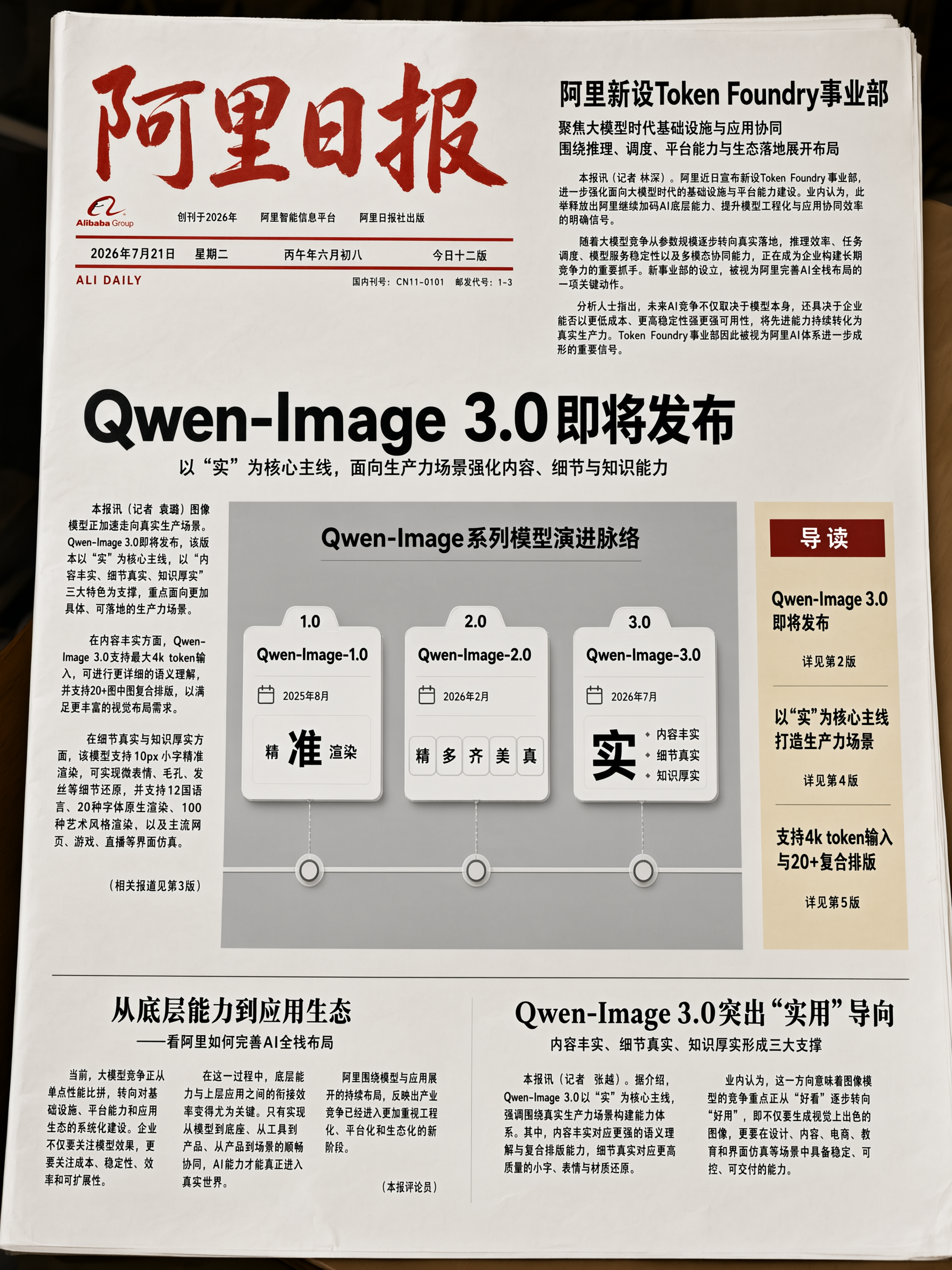 Qwen-Image-3.0 生成的中文報紙與多欄密集文字版面