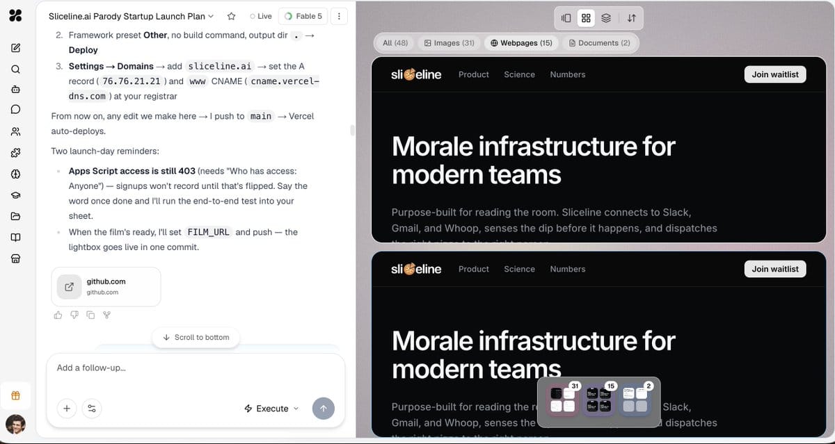 Hyperagent 建立 Sliceline 網站並連接 GitHub 與 Vercel 的工作畫面