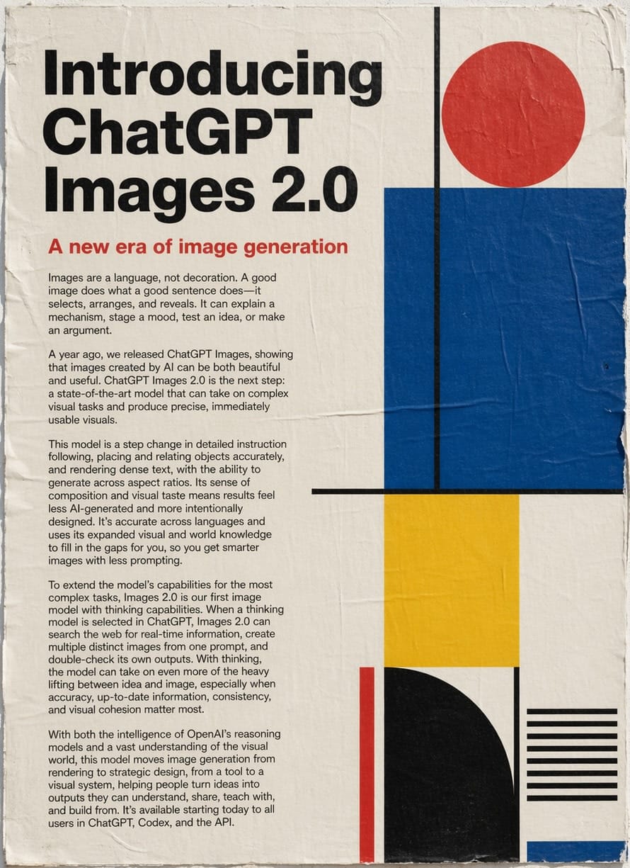 OpenAI 官方 ChatGPT Images 2.0 發表海報，以紅、黑、藍、黃幾何圖形介紹圖片生成功能