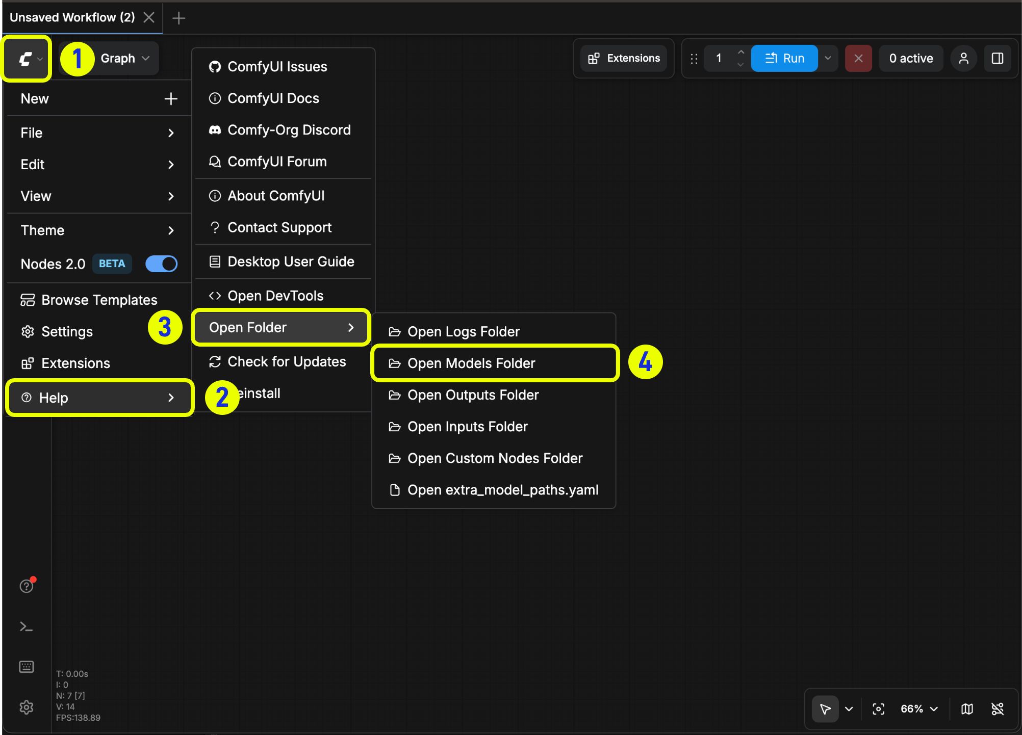 ComfyUI Desktop 依序開啟 Help、Open Folder 與 Open Models Folder 的官方操作畫面