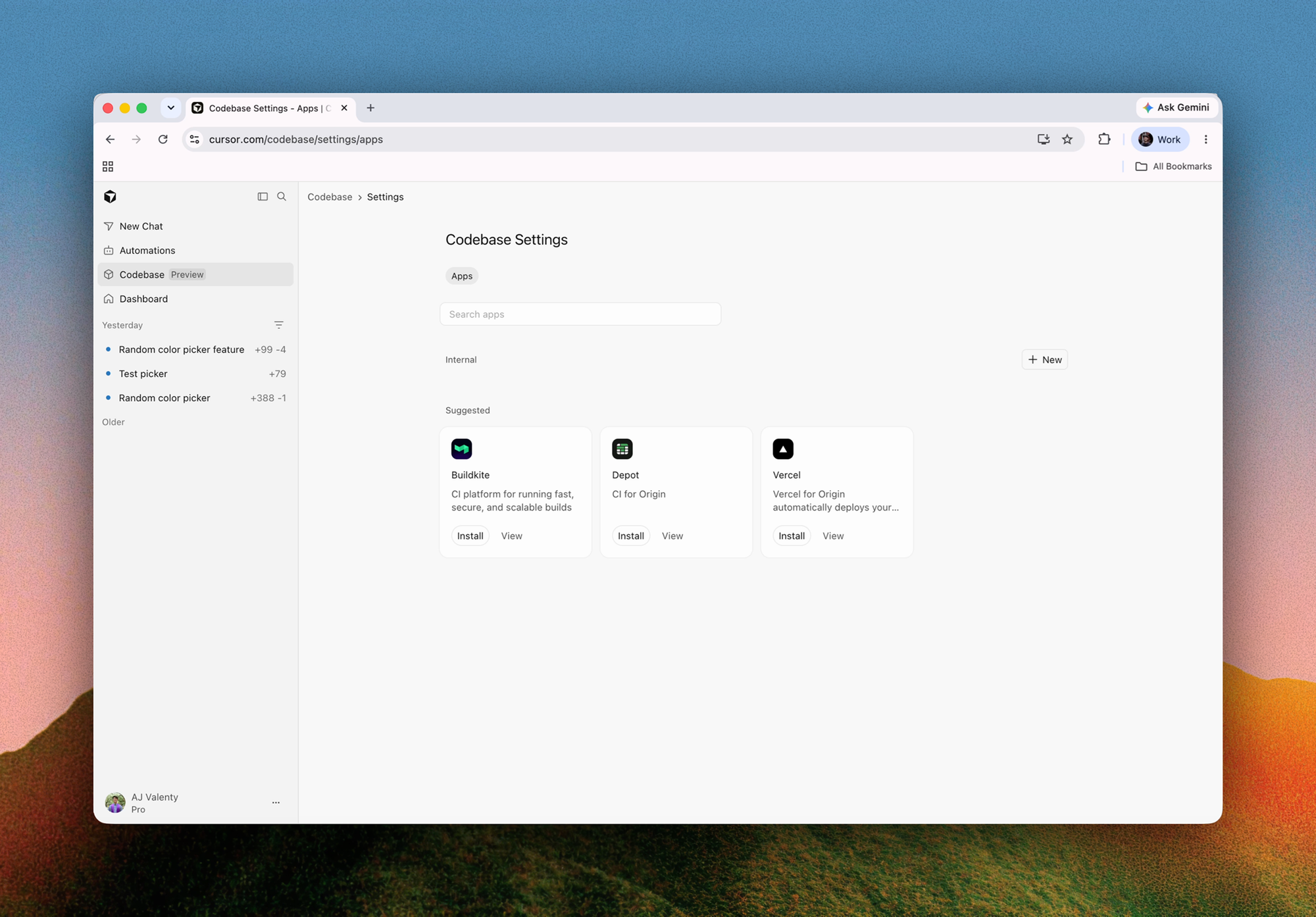Cursor Origin 連接 Vercel、Depot 與 Buildkite 的 Apps 畫面