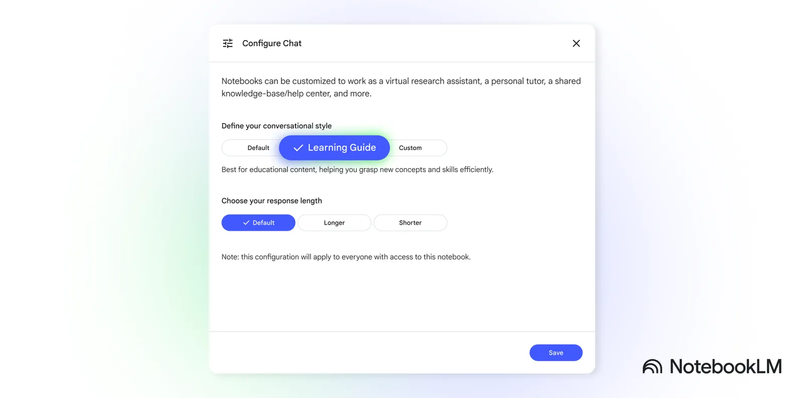 Gemini Notebook 的 Configure Chat 畫面已選取 Learning Guide 模式