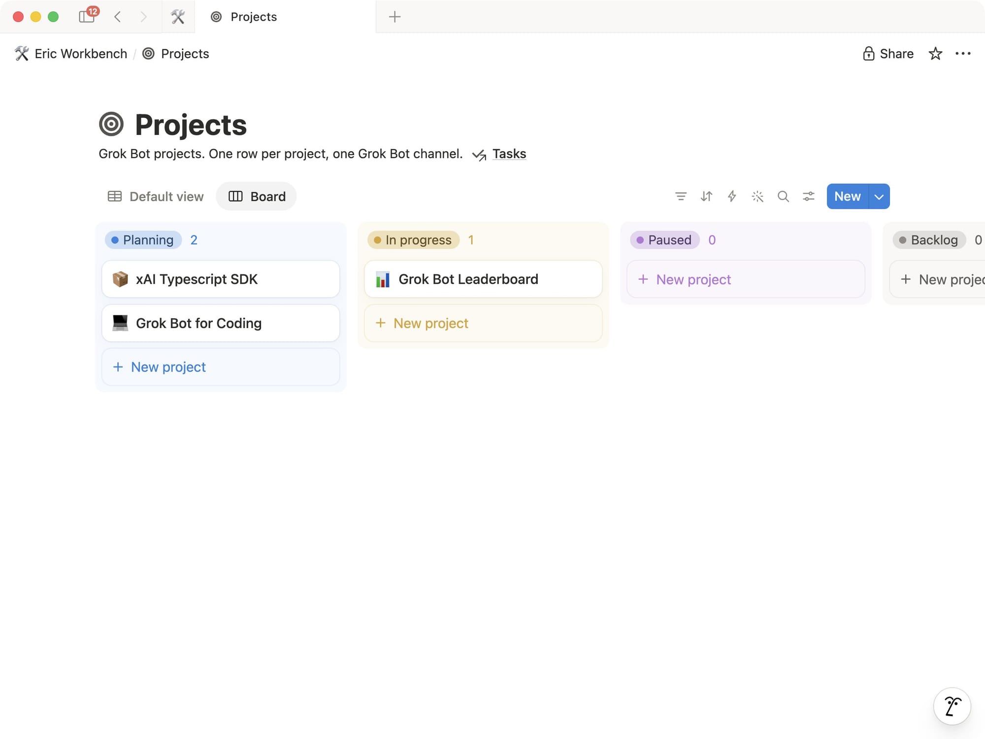 Notion Projects 看板追蹤多個 Grok Bot 專案狀態
