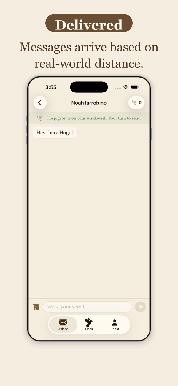carrier pidge 顯示虛擬信鴿已送達訊息的官方 iPhone 介面