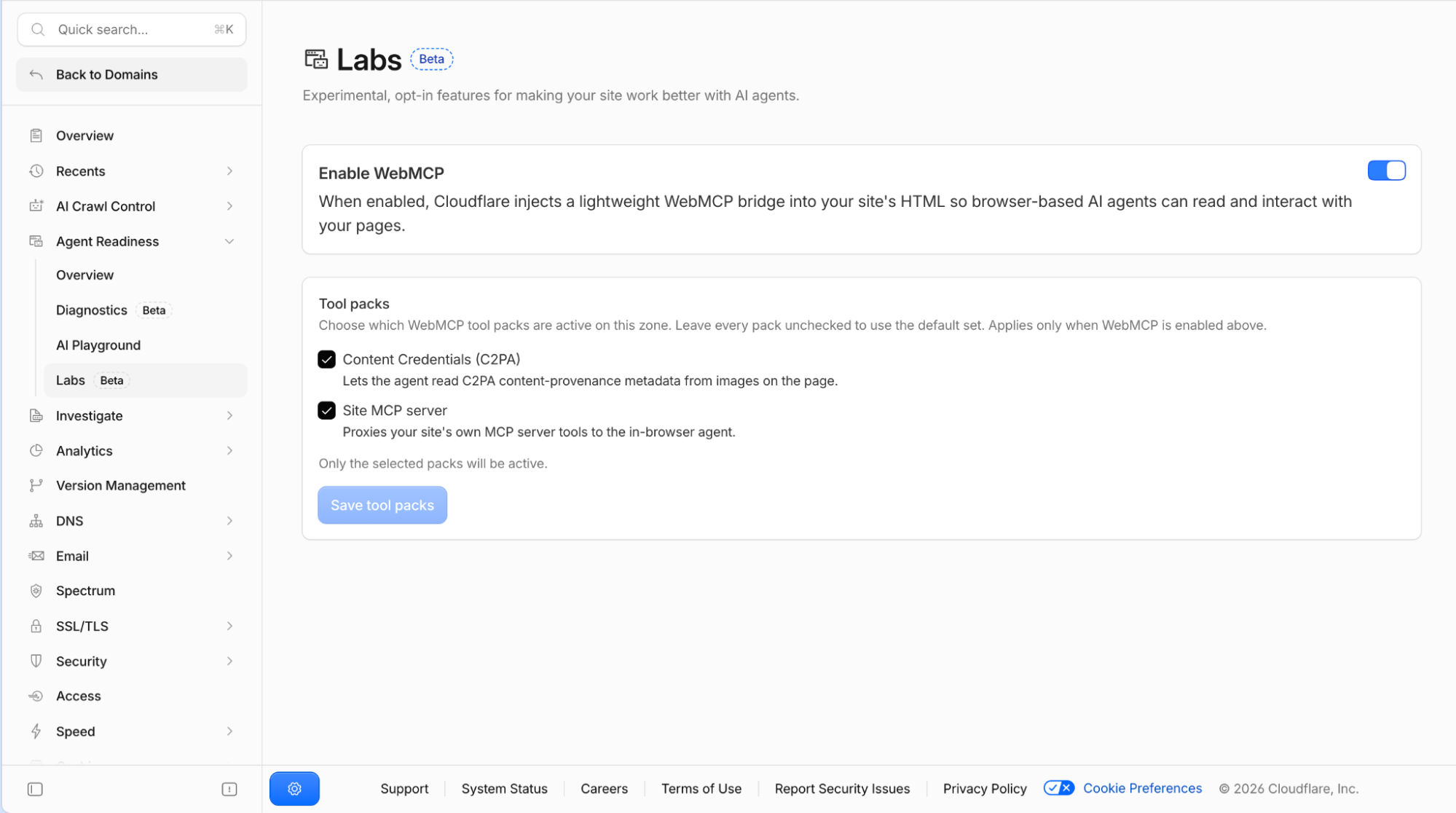 Cloudflare Dashboard 的 WebMCP Labs 與工具包設定畫面