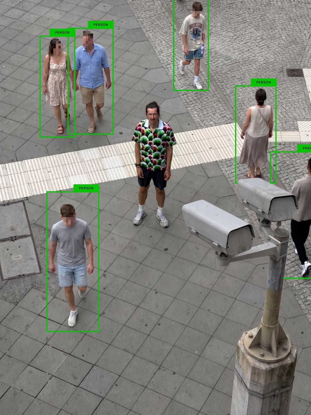 Kottbusser Tor 監視器旁的 YOLO 畫面標記其他行人,中央穿 Digital Camouflage 襯衫的人沒有框線