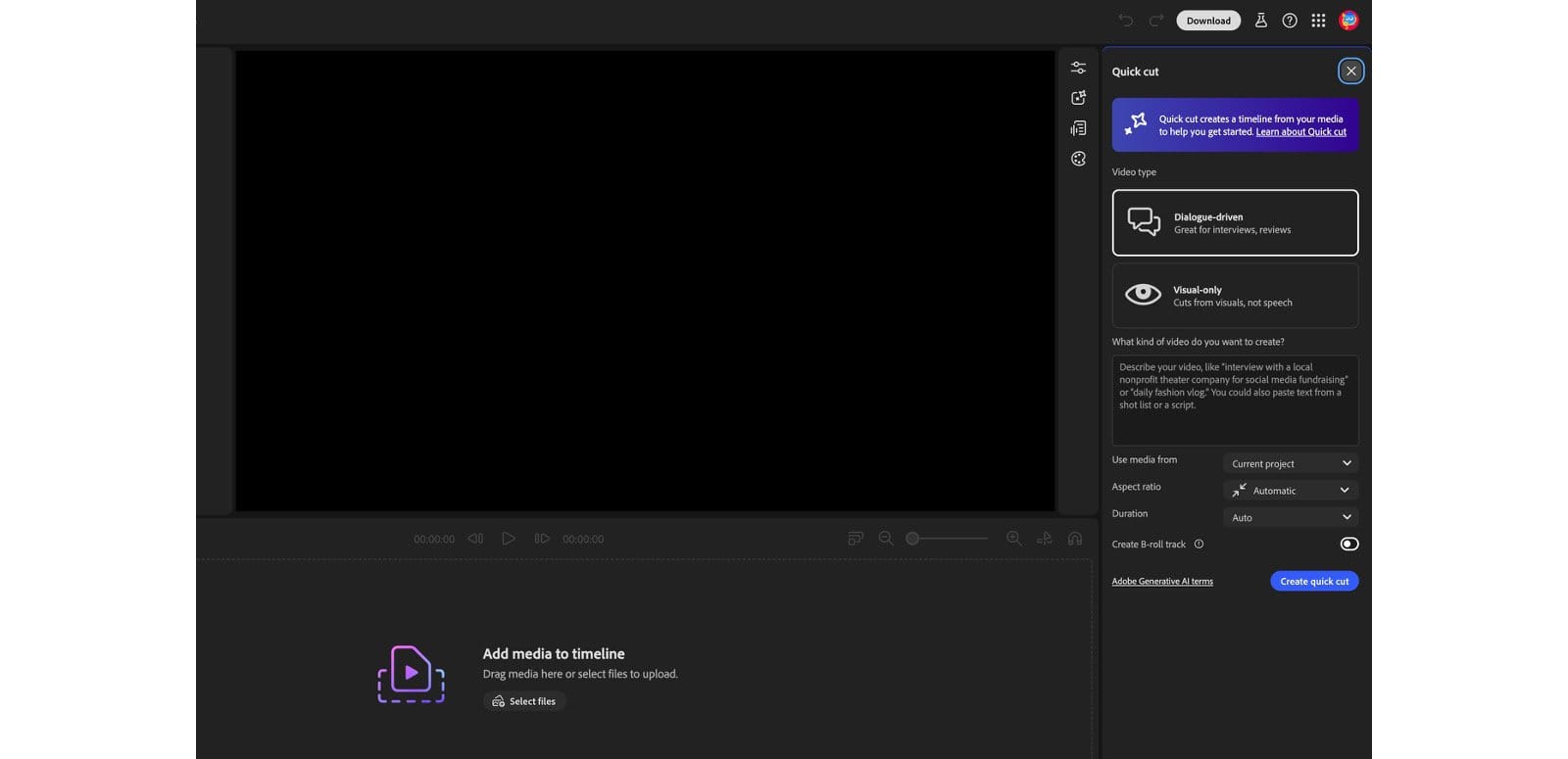 Firefly Video Editor 的 Quick Cut 設定畫面