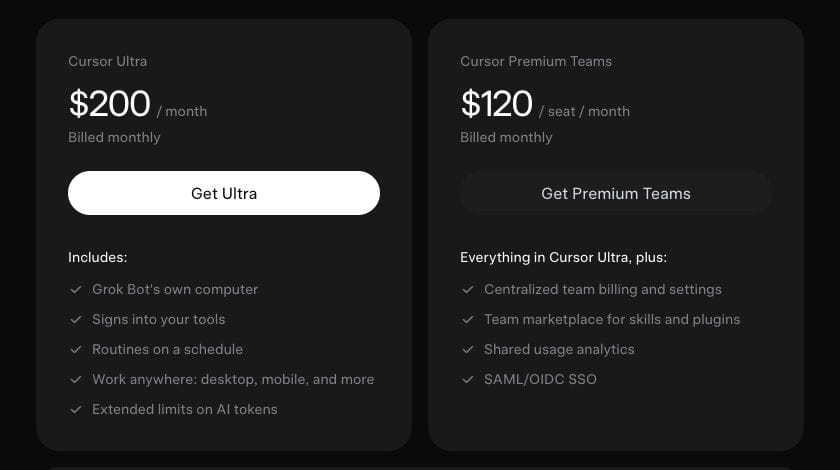 xAI 官方頁面列出的 Cursor Ultra 與 Cursor Premium Teams Grok Bot 月費方案