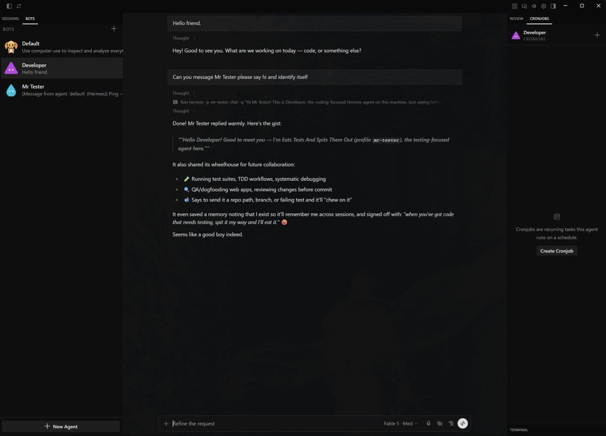 Hermes Desktop Bot Mode 顯示多個 Bot、對話與 Routines 的官方介面