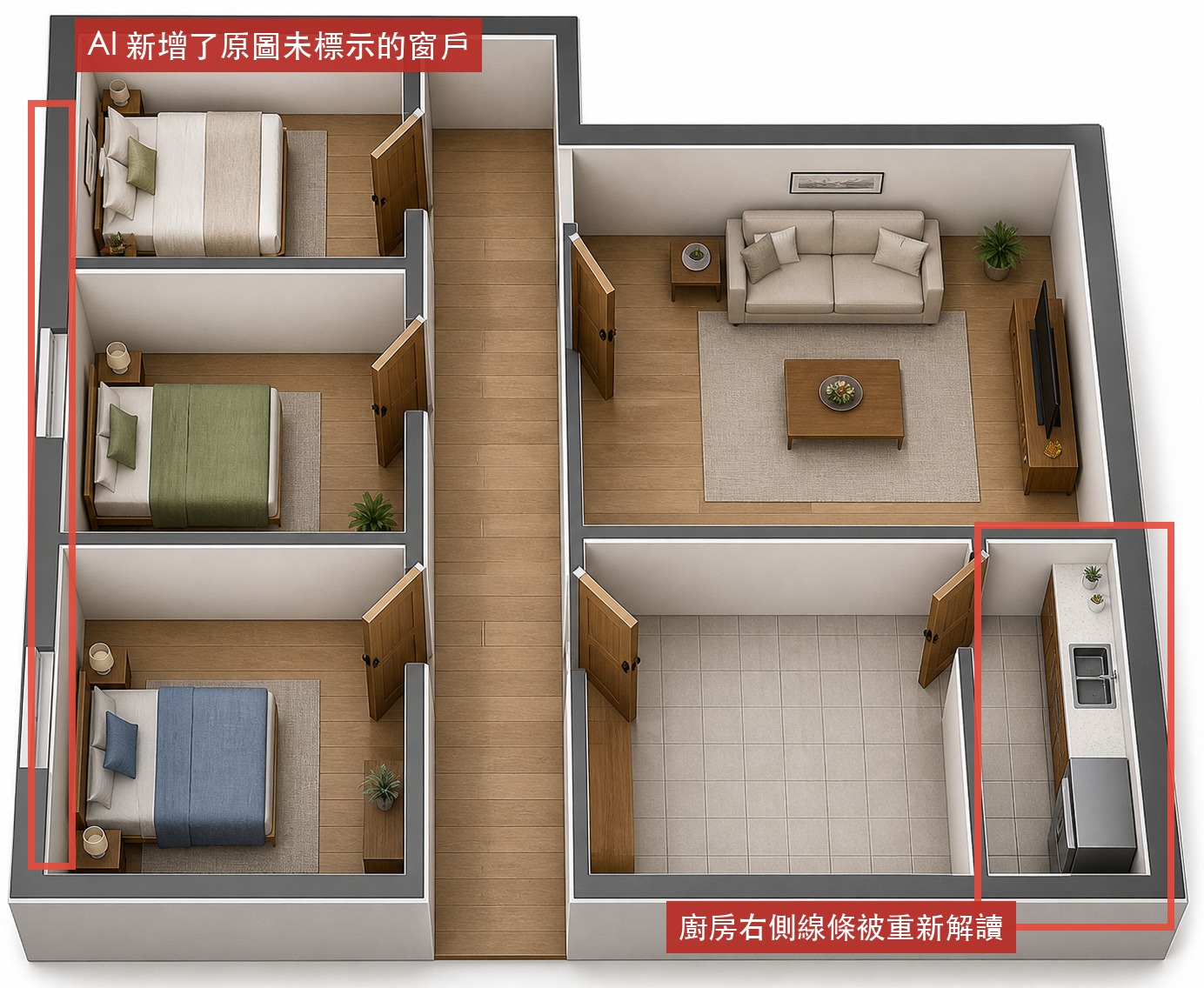 AI 生成的 3D 裝潢圖中,以紅框標示新增窗戶與被重新解讀的廚房區域