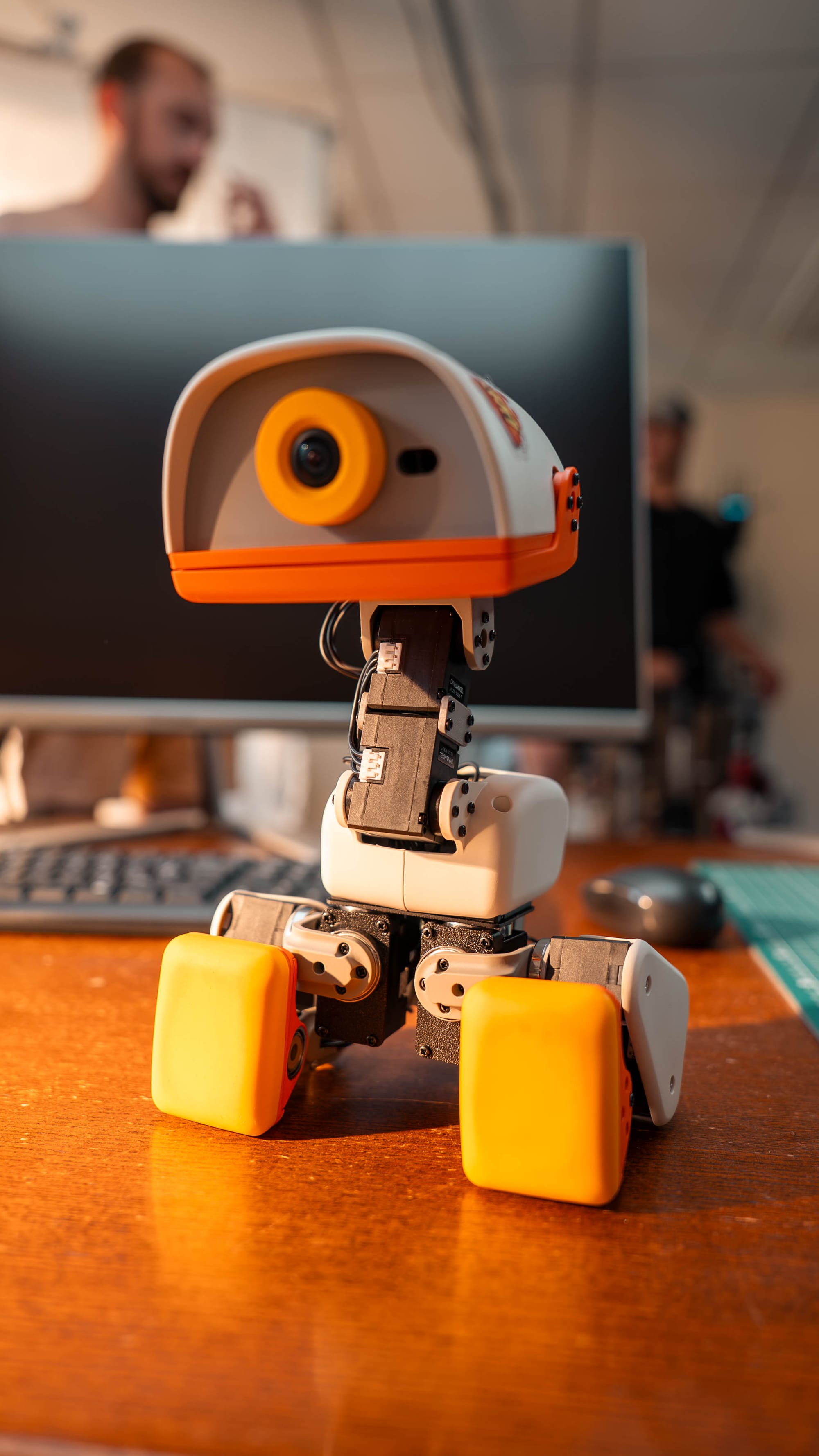 Microduck 放在顯示程式碼的筆電前進行軟體開發