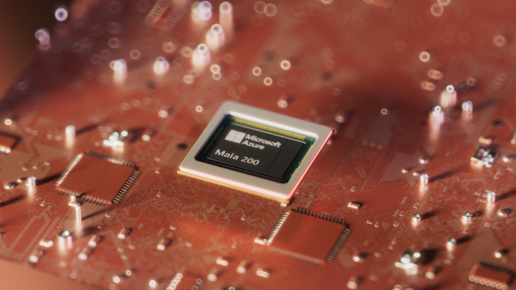 Microsoft Azure Maia 200 晶片置於電路板上的官方圖片
