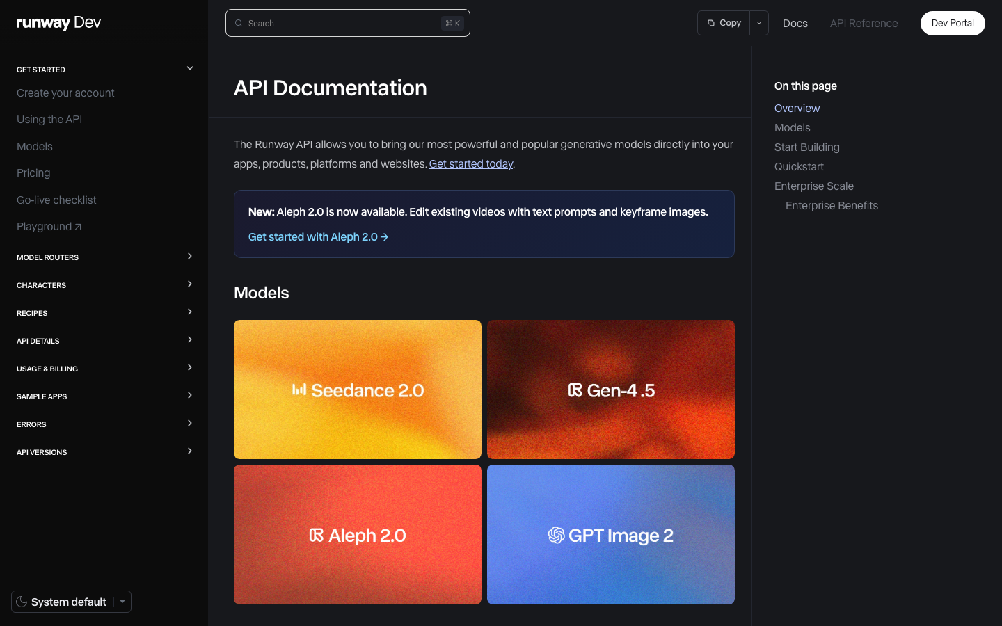 Runway API 官方開發者文件介面。