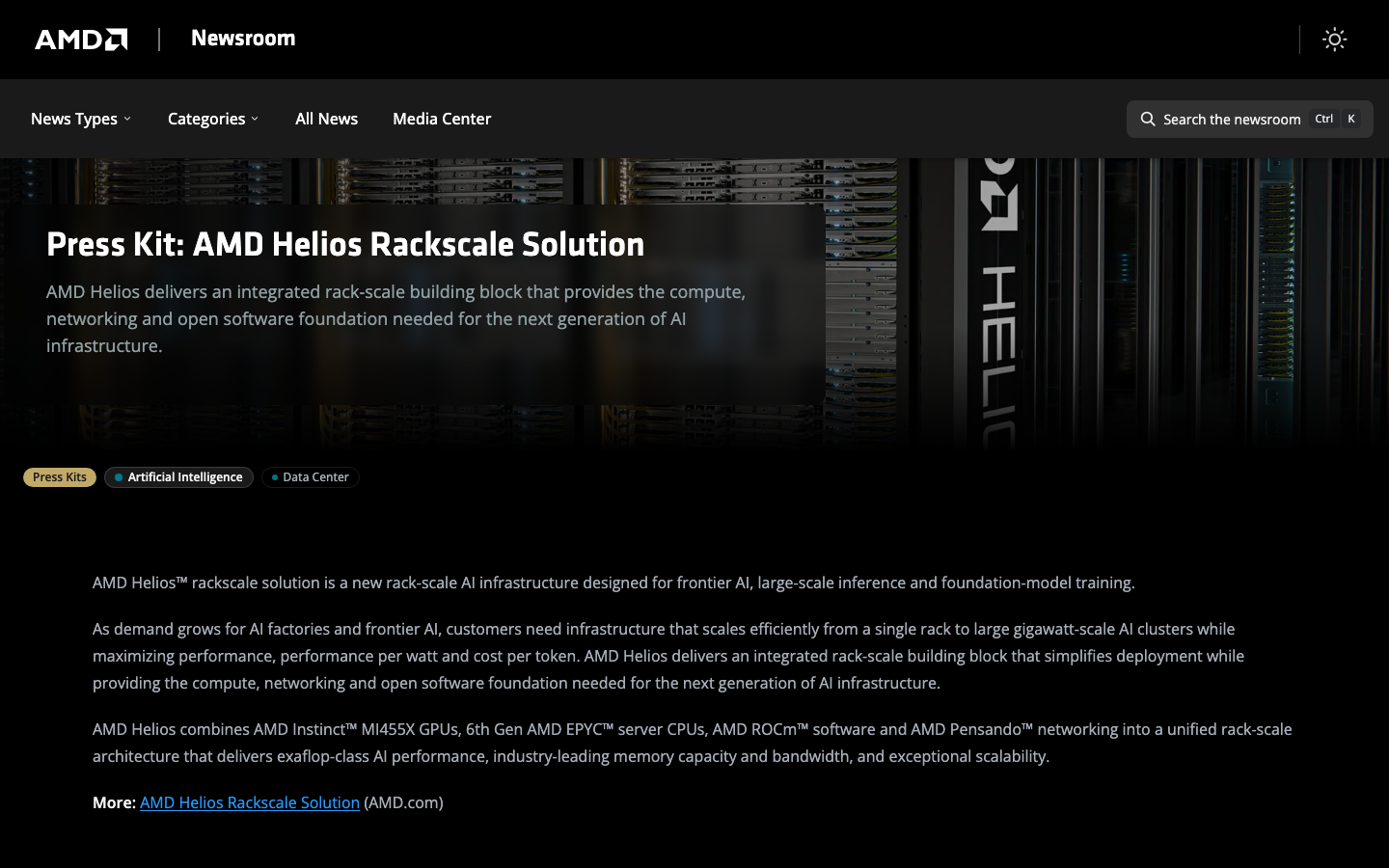 AMD Helios Rackscale Solution 官方 Press Kit 頁面。