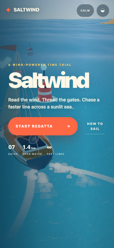 OpenAI GPT-5.6 官方展示的 Saltwind 互動帆船網站手機版首頁