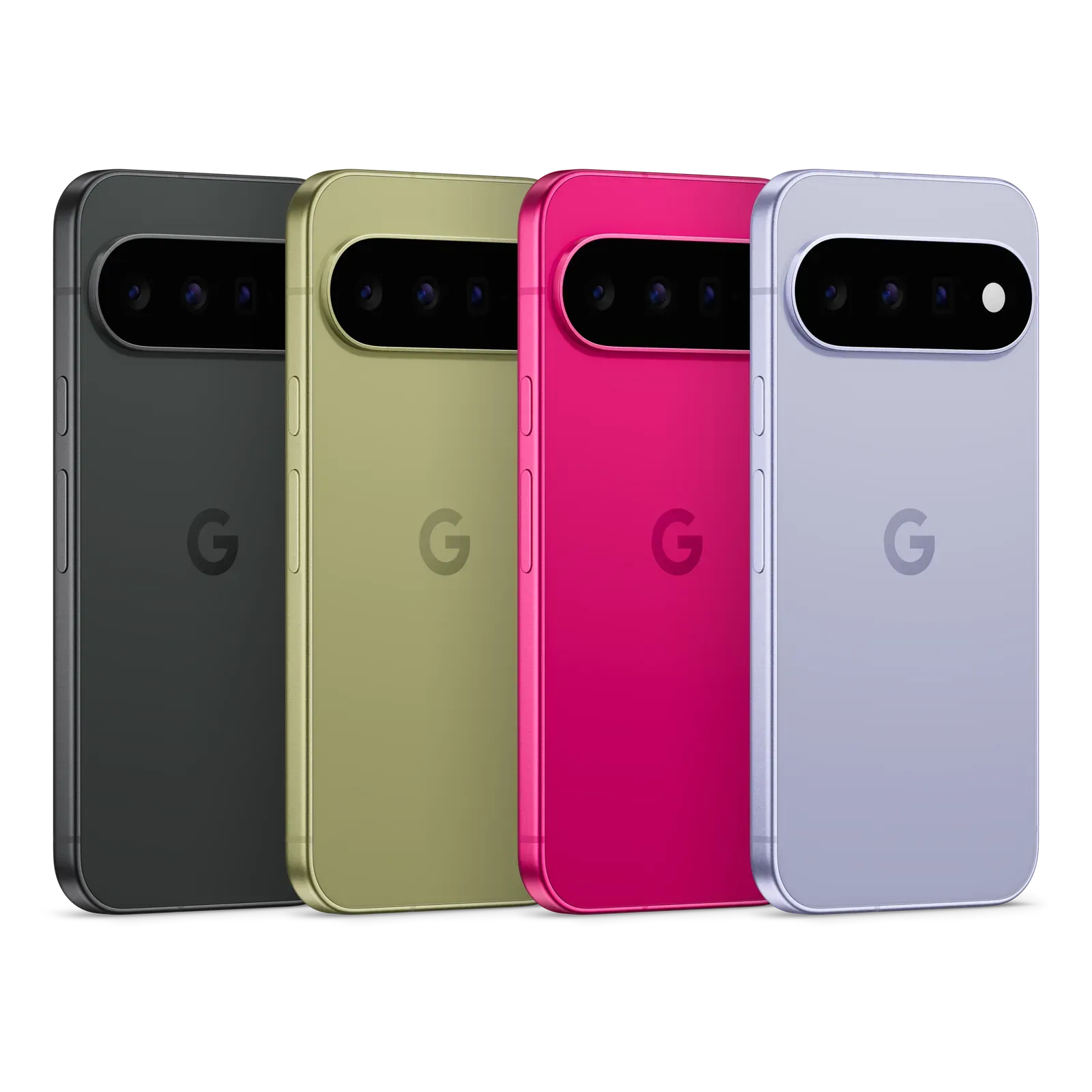 曜石黑、開心果綠、朱槿紅與霜白色 Pixel 11 手機背面