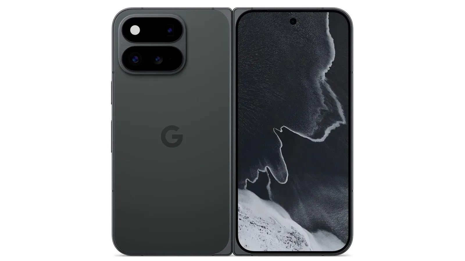 曜石黑 Pixel 11 Pro Fold 展開後的正面與背面