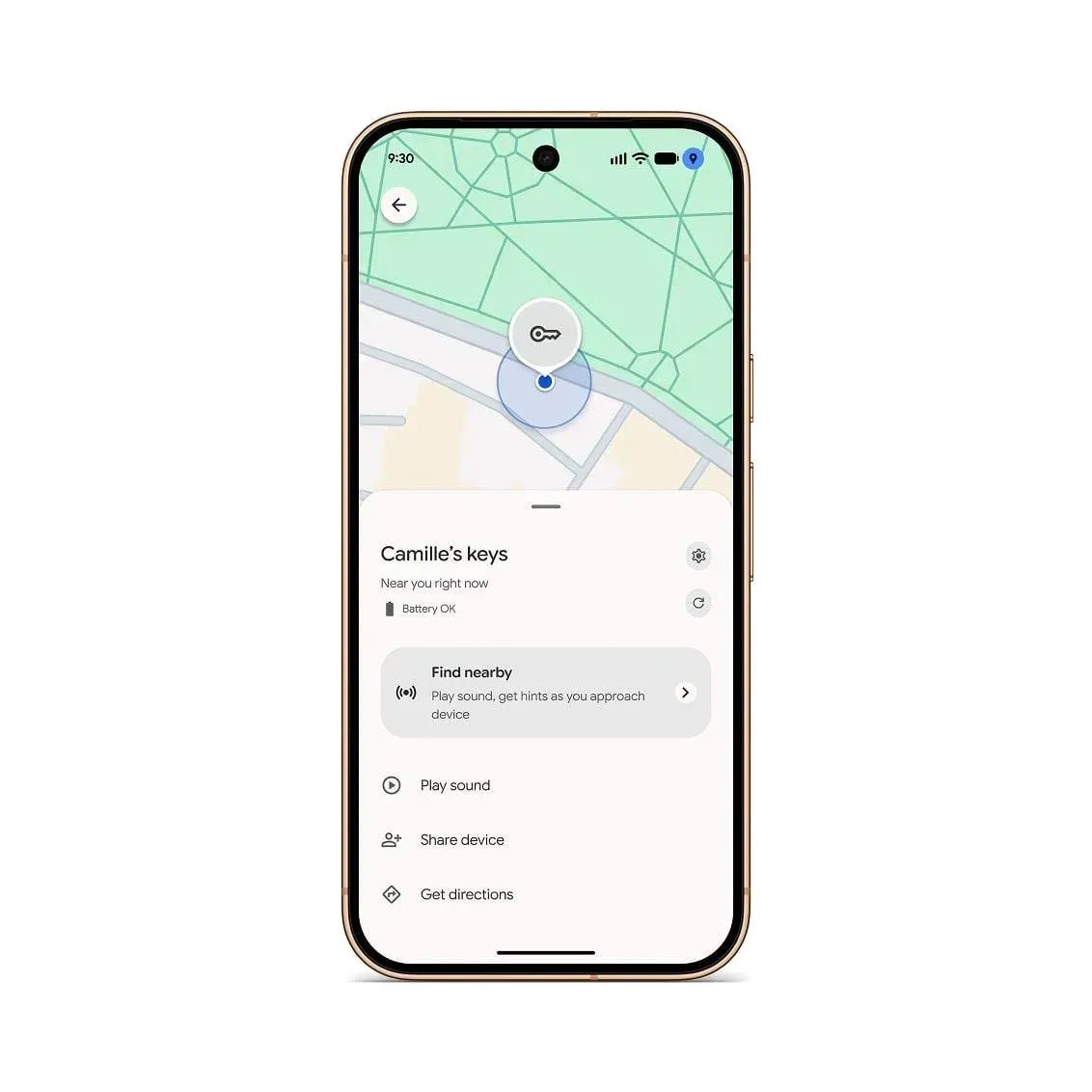 Pixel 手機上的 Find Hub 顯示 Pixel Tag 鑰匙位置與尋找選項