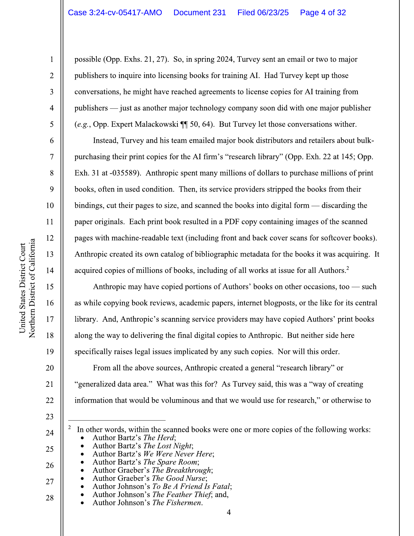 Bartz v. Anthropic 法院命令記載購買、裁切與掃描數百萬本紙本書
