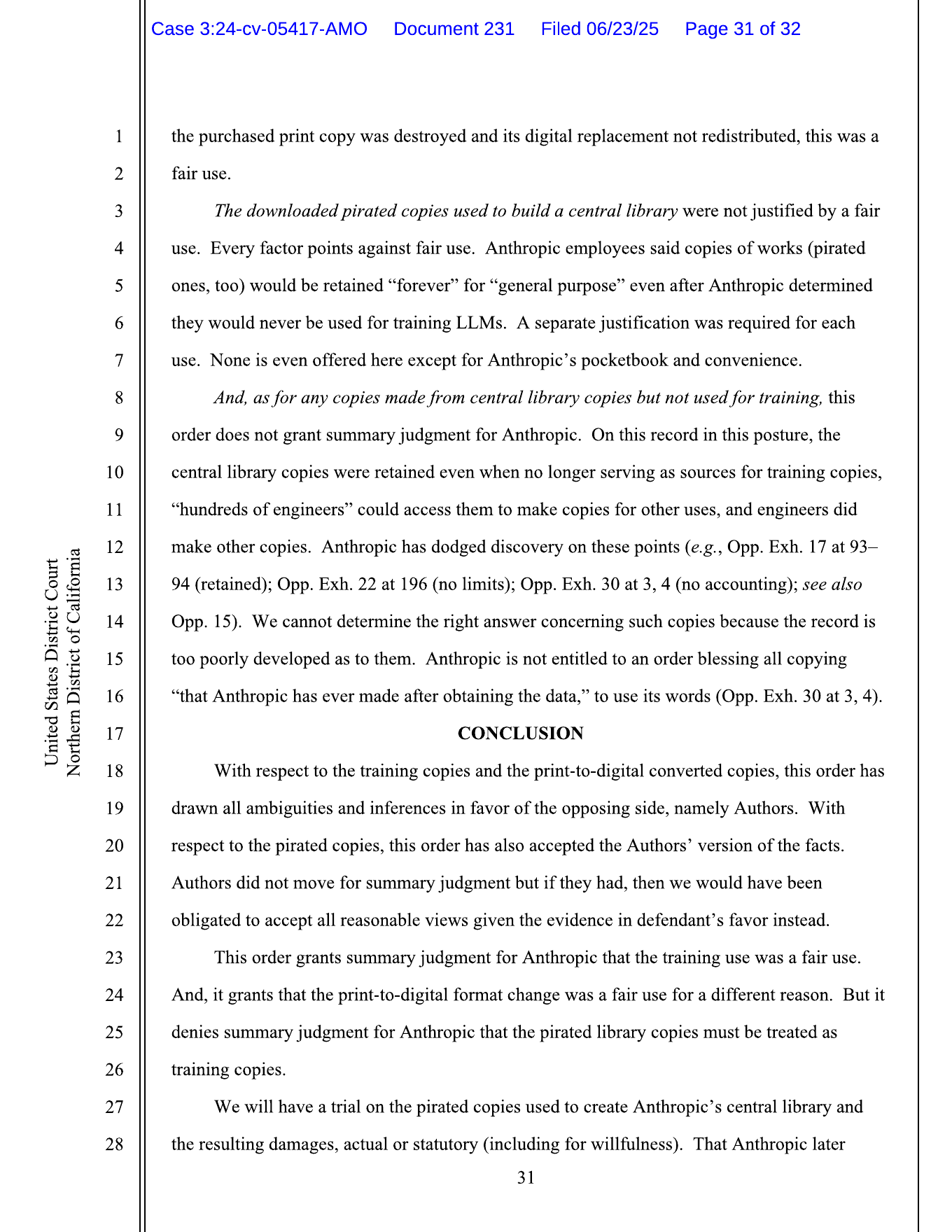 Bartz v. Anthropic 法院命令說明模型訓練、紙本轉數位與盜版資料庫的 fair use 結論