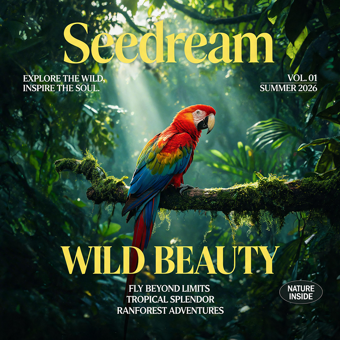Seedream 5.0 Pro 圖片分層示例的鸚鵡雜誌封面原圖