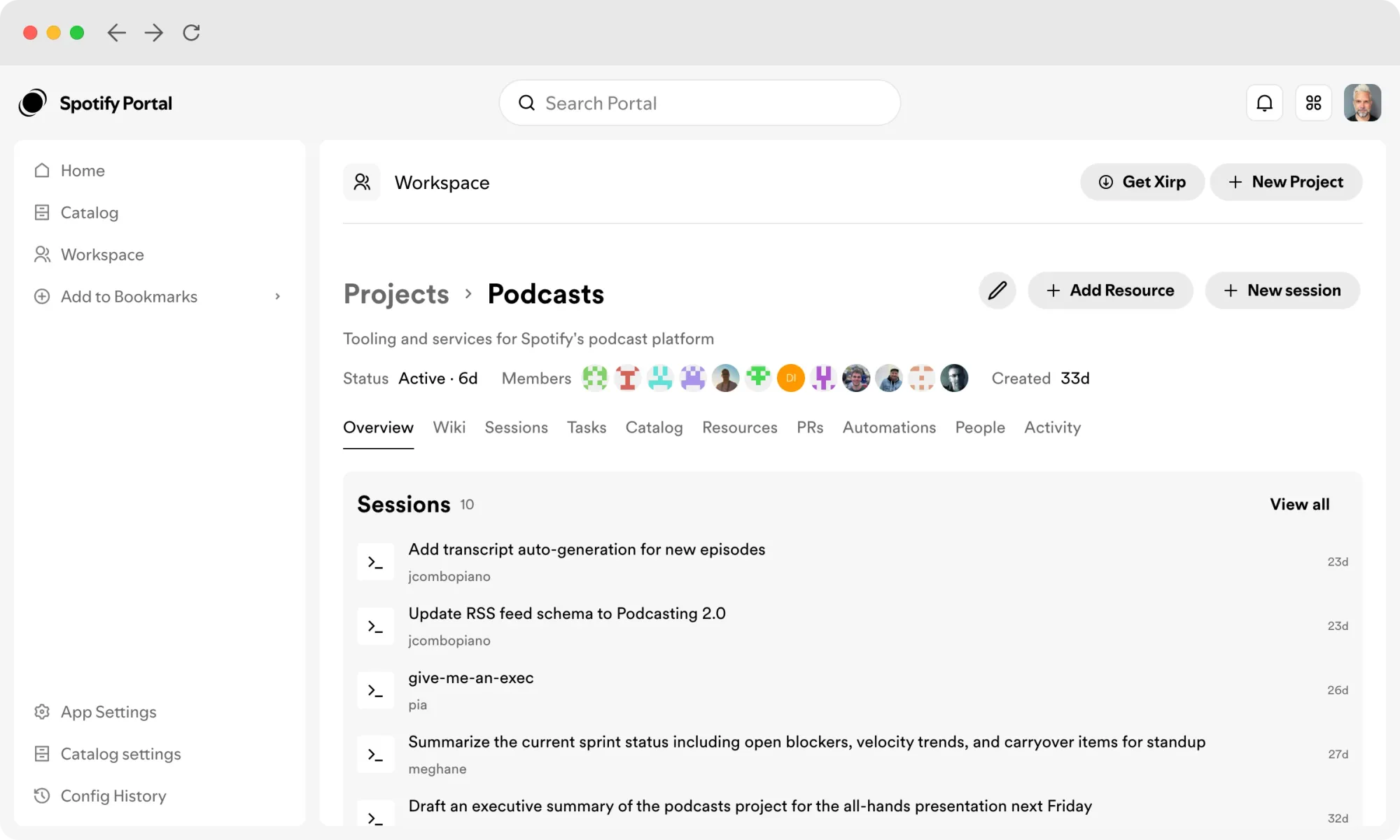 Spotify Portal Workspace 顯示團隊共享的 Xirp session 與工作項目