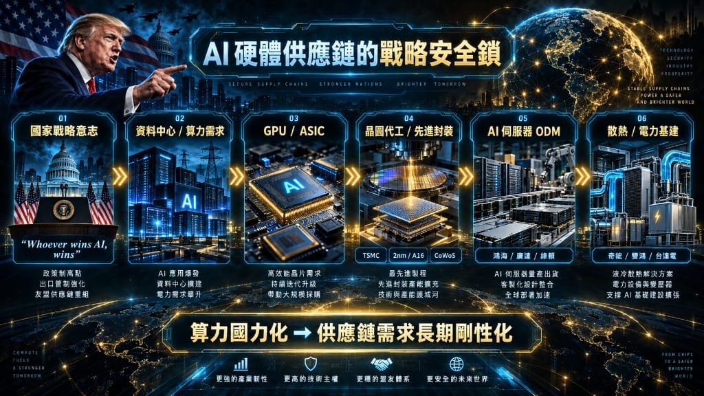 全球 AI 硬體供應鏈戰略架構：晶片設計、先進代工、伺服器組裝與電力散熱