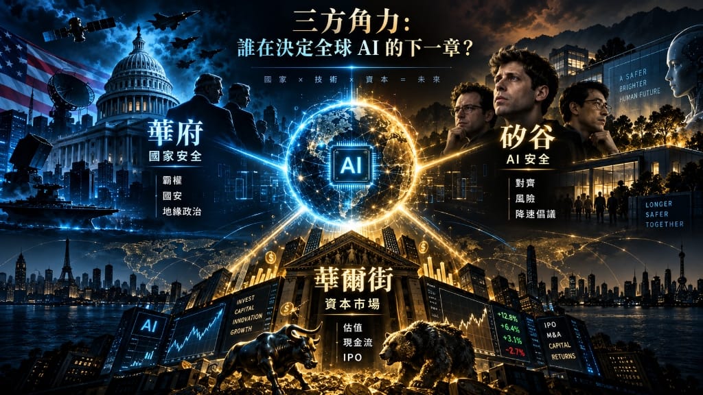 華盛頓政治圈、矽谷技術圈與華爾街資本市場三方角力架構圖