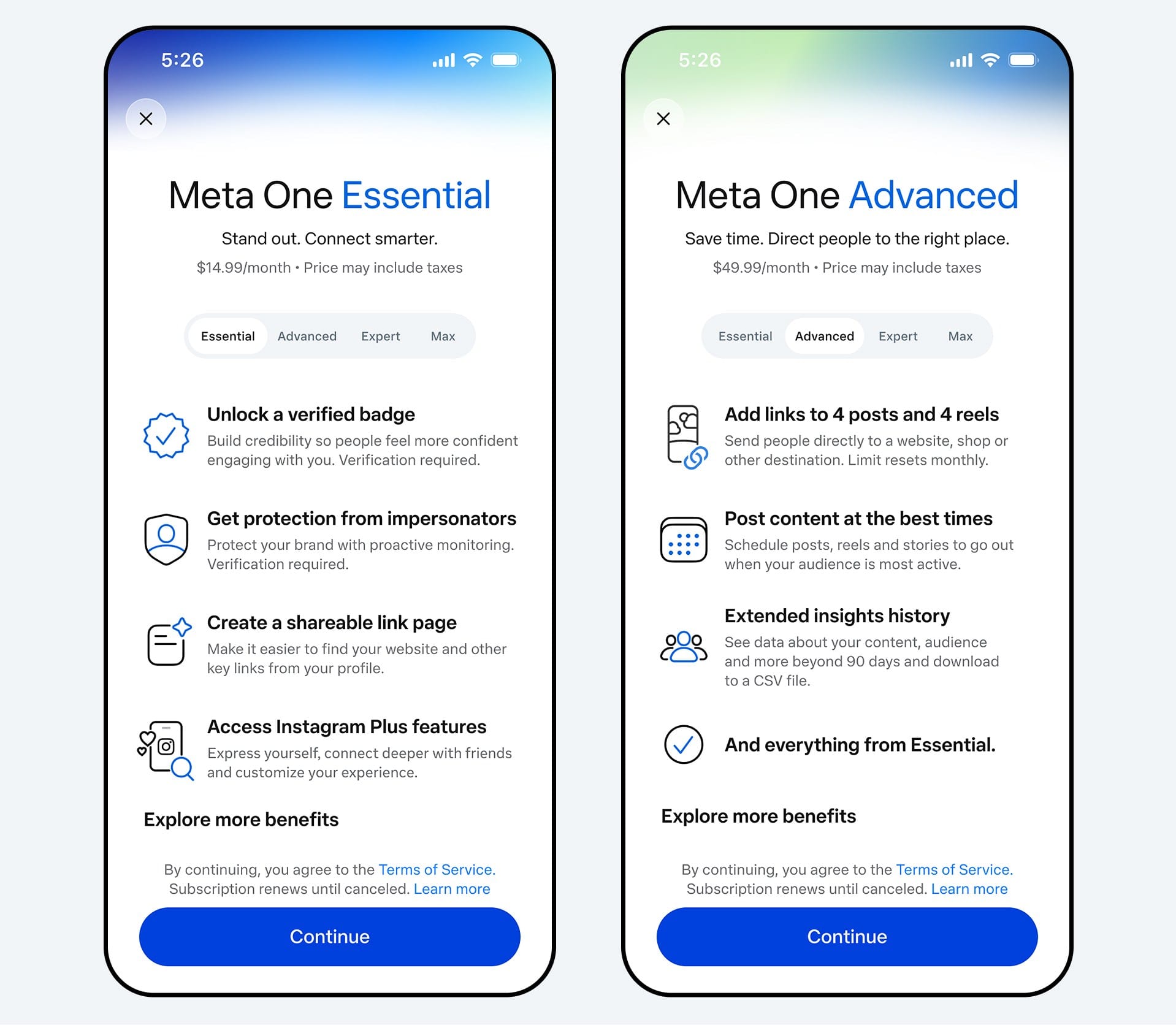 Meta One 創作者與商業方案定價頁面一覽