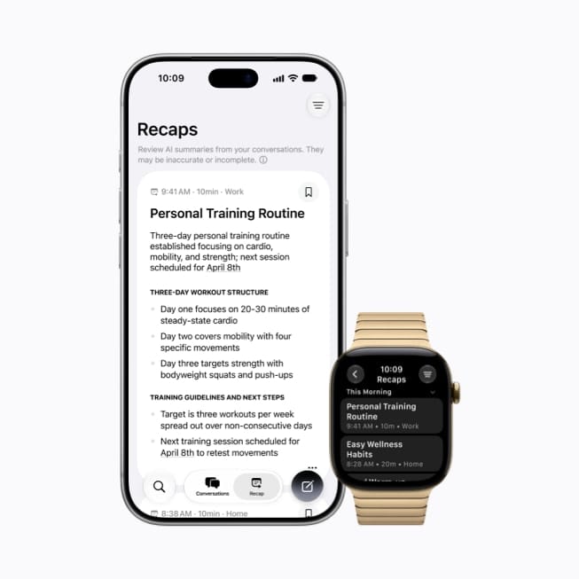 iPhone 18 Pro 與 Apple Watch 協同展示 Siri Recap 智慧摘要筆記