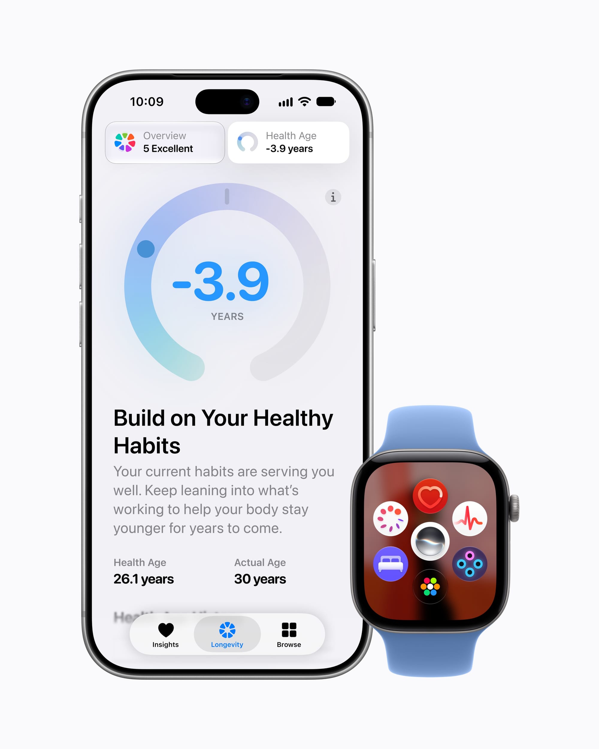 iPhone 新版 Health app 顯示 Health Age，旁邊為 Apple Watch Series 12