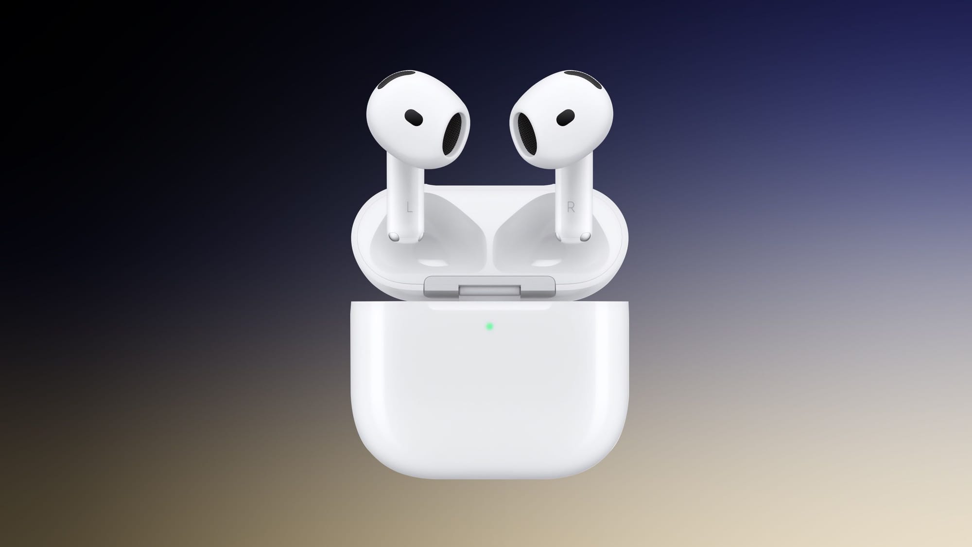MacRumors 報導使用的現行 AirPods 4 產品示意圖，白色耳機置於開啟的充電盒上