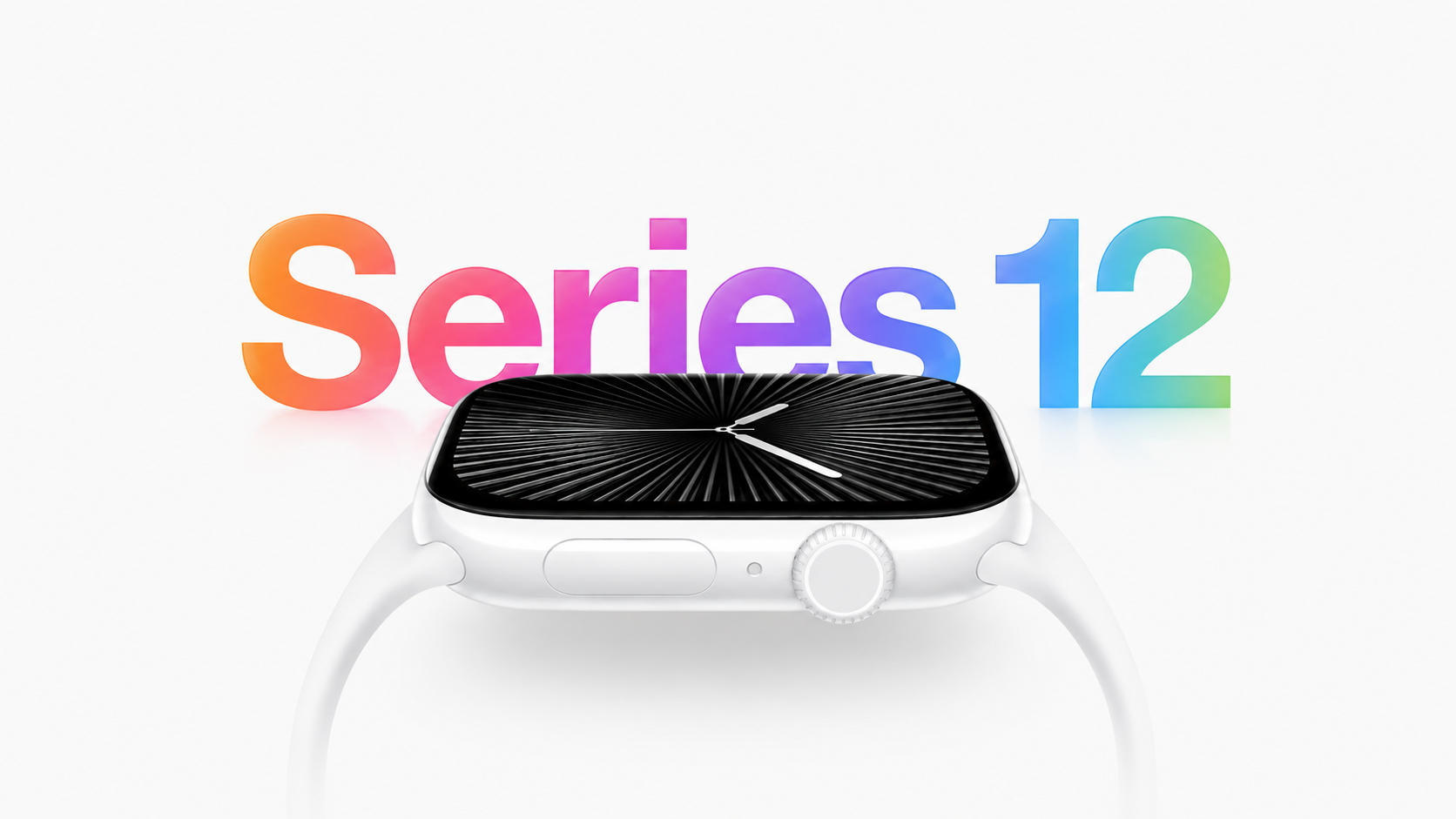 MacRumors 製作的 Apple Watch Series 12 模擬圖，白色錶殼前方顯示黑色放射狀錶面