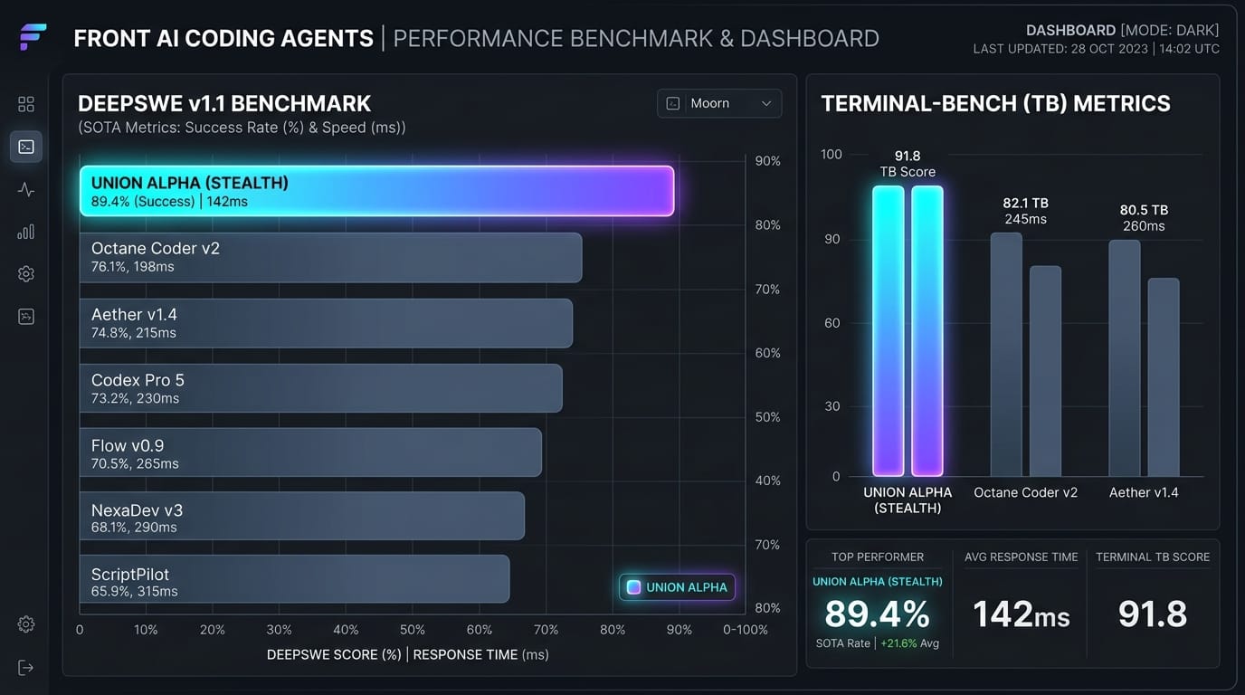 Union Alpha 與前沿編程 Agent 在 DeepSWE v1.1 與 Terminal-Bench 上的基準測試對比圖表