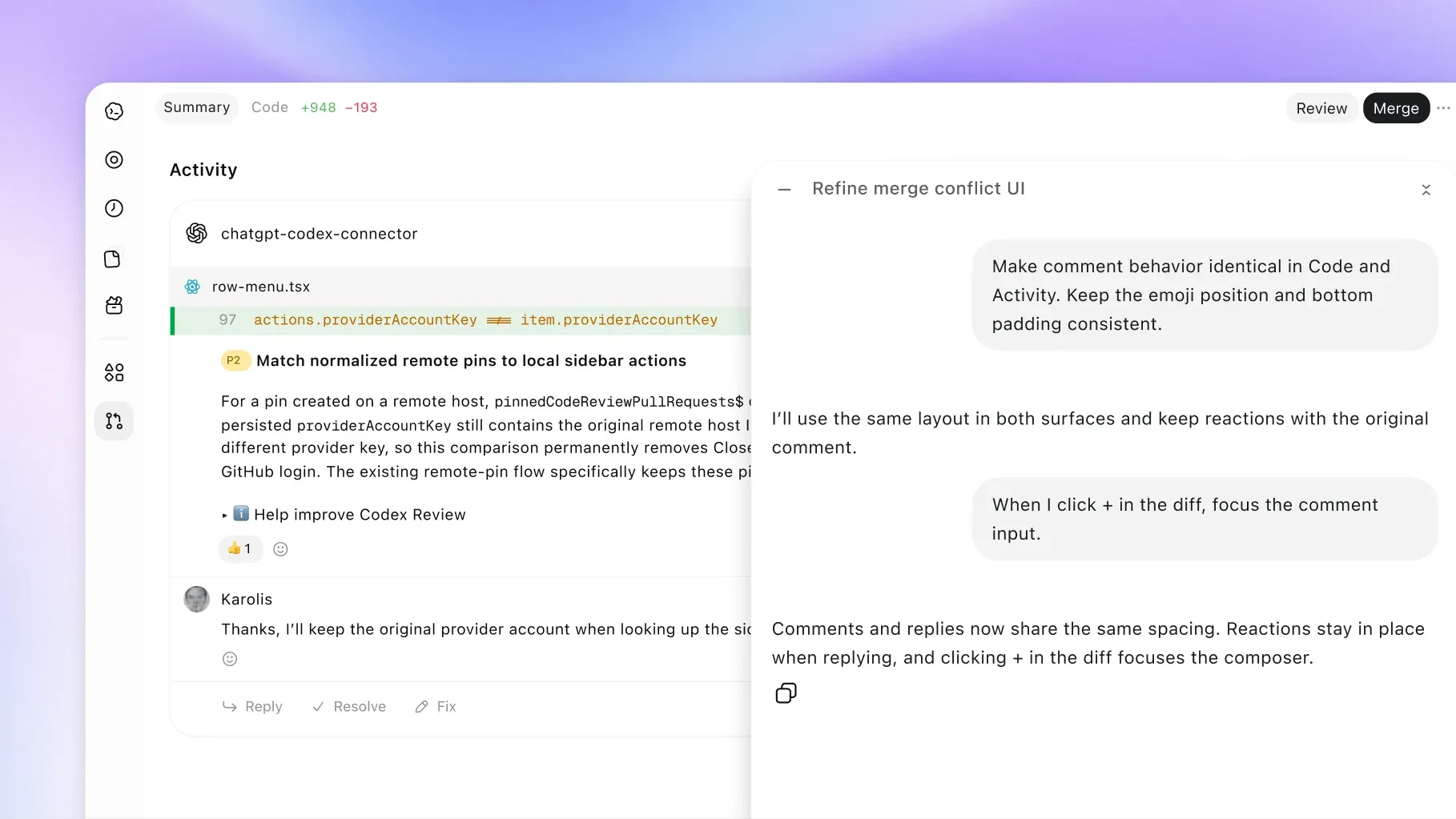 Codex Code Review 官方介面,顯示程式碼差異與審查討論
