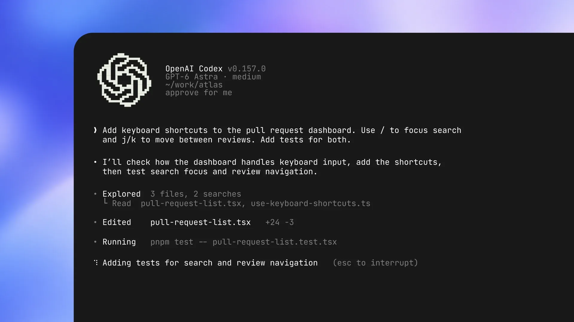 新版 Codex CLI 官方畫面,終端機中顯示代理工作進度
