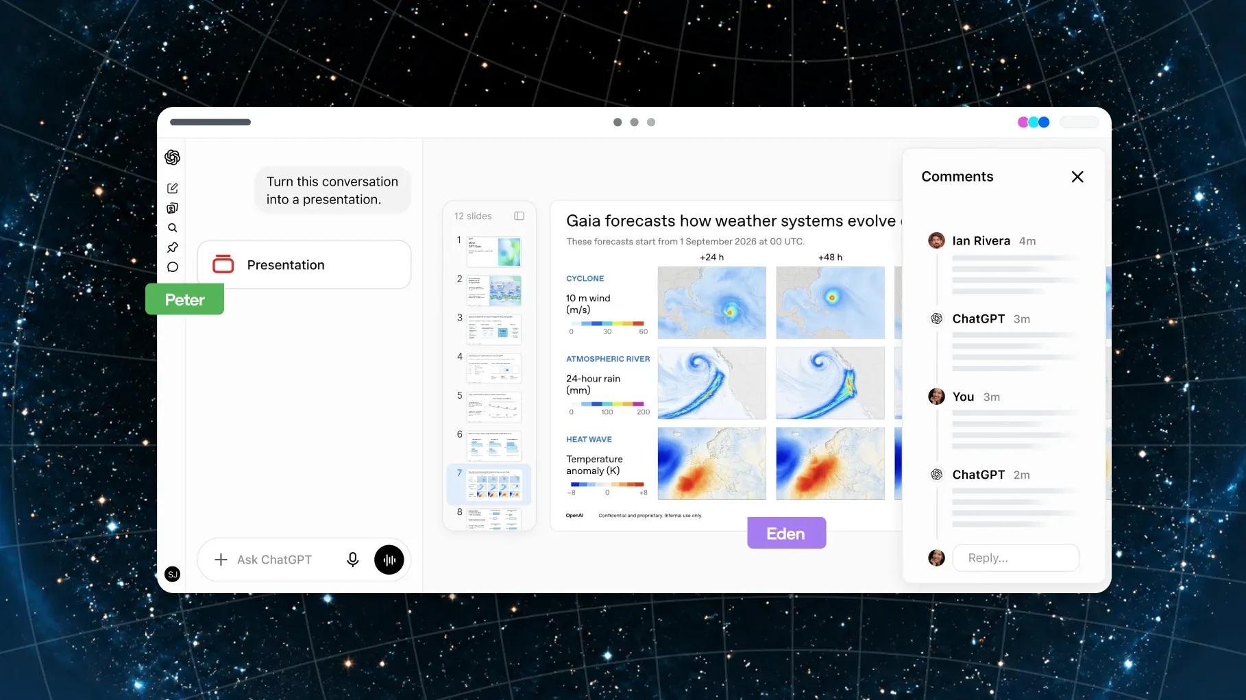 Collaborative slides 官方介面,左側顯示投影片預覽,右側有協作留言
