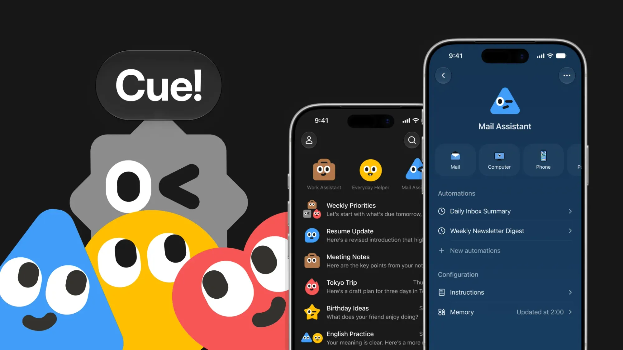 Cue 個人 AI Agent 團隊與行動 App 介面