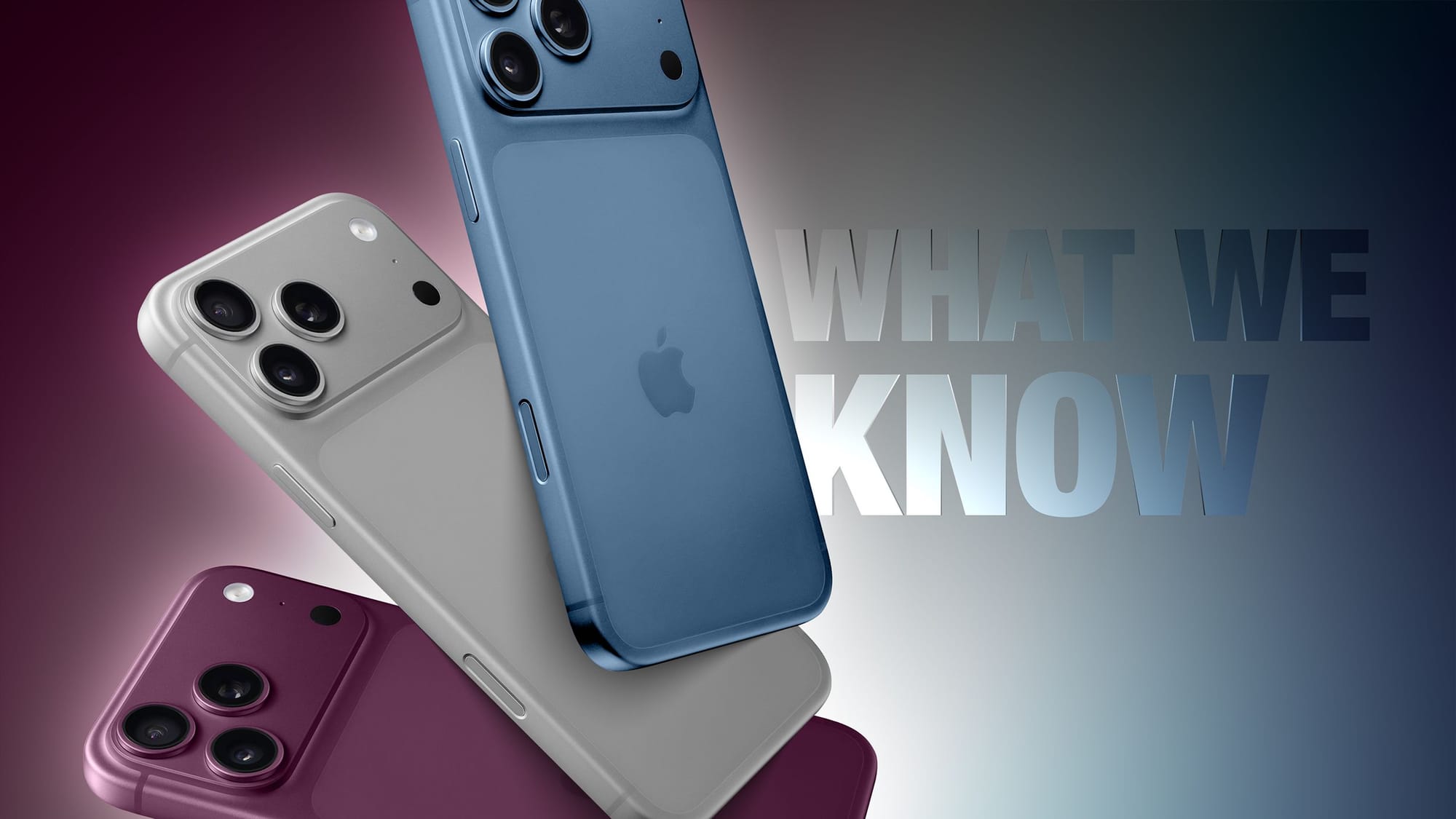 MacRumors 製作的 iPhone 18 Pro 模擬圖，畫面展示深藍、銀色與深紅色三種機身