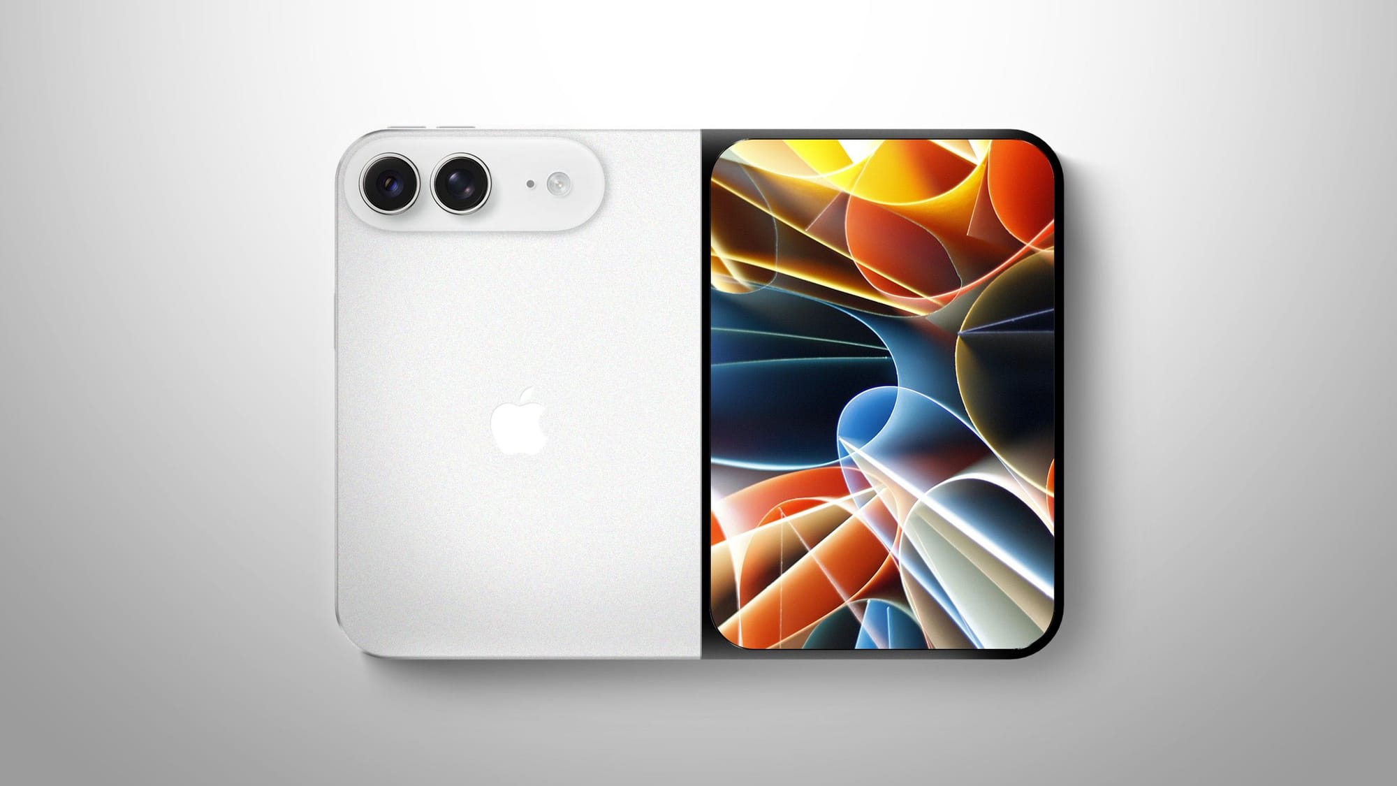 MacRumors 製作的摺疊 iPhone 模擬圖，裝置以書本形式攤開，一側顯示背面鏡頭，另一側顯示螢幕