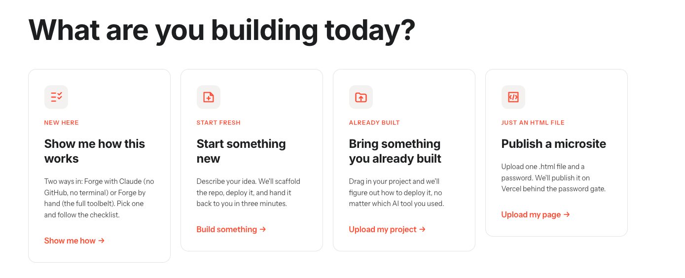 K:Forge 首頁的四種 App 建立與匯入入口