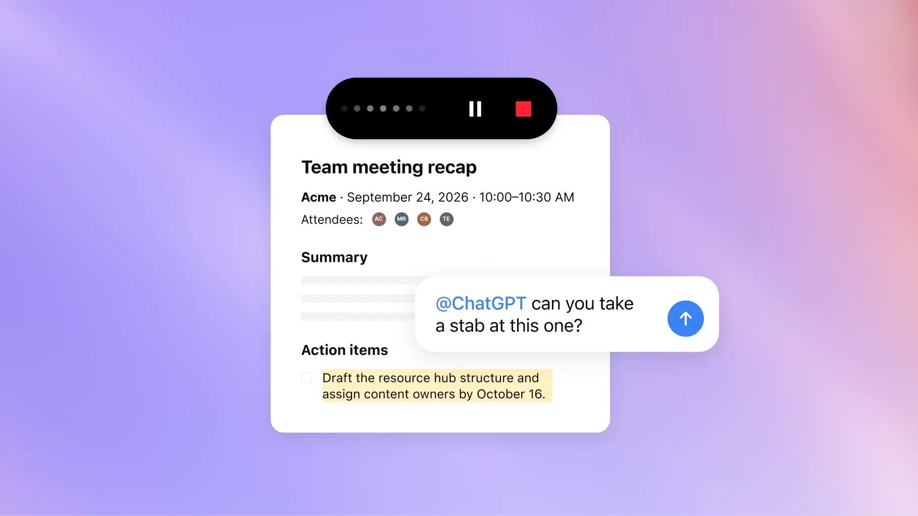 ChatGPT Meetings Plugin 官方介面,顯示錄音控制與會議筆記