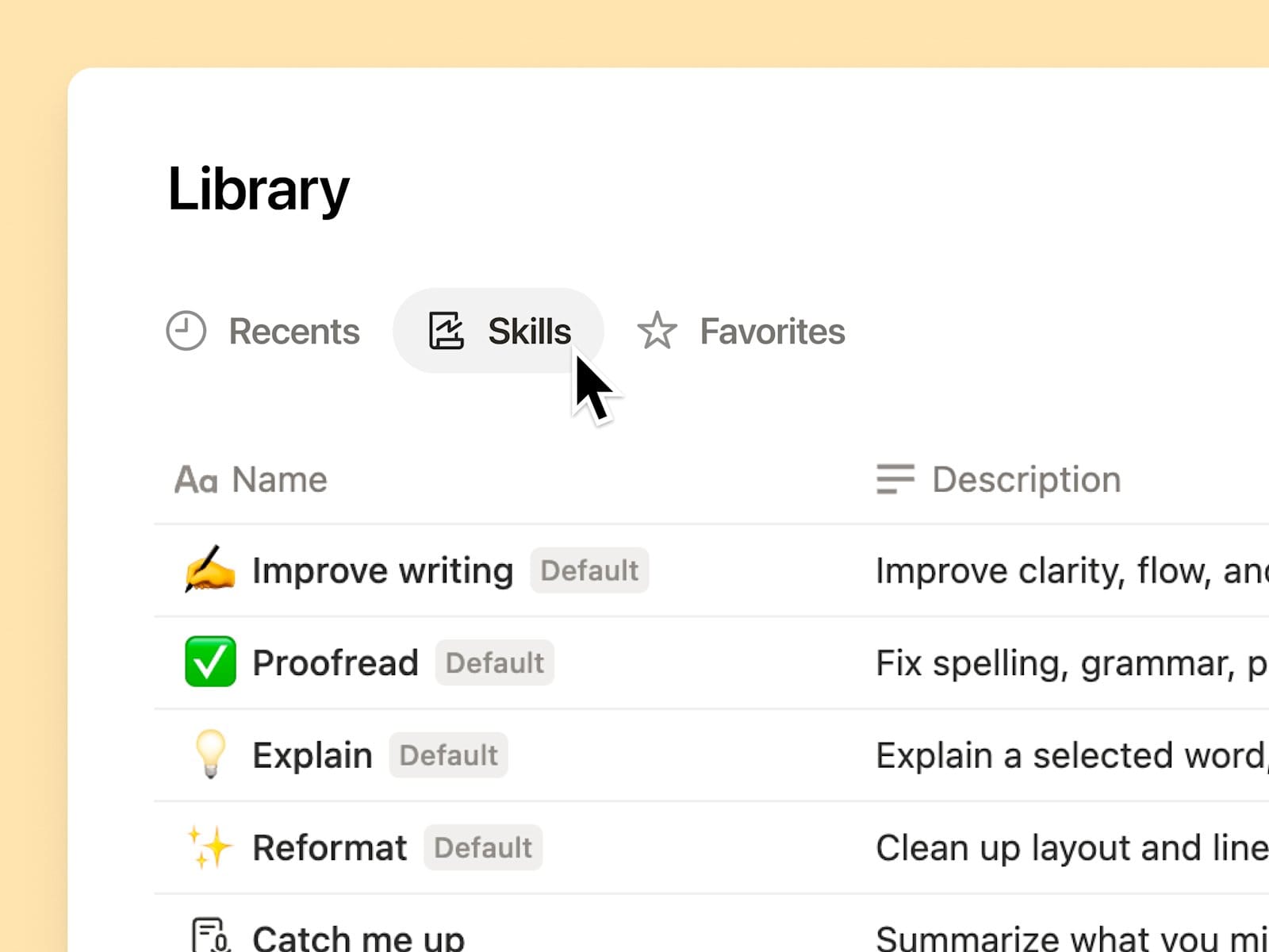 Notion 官方 Skills Library 畫面,顯示團隊可共用與管理的技能清單