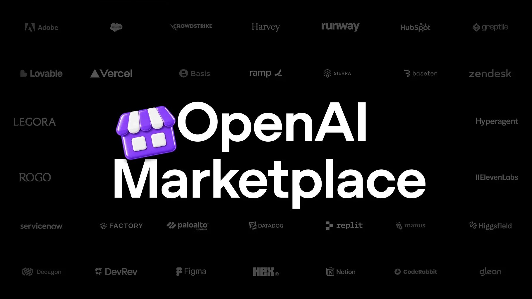 OpenAI Marketplace 官方視覺,商店圖示周圍排列合作夥伴標誌