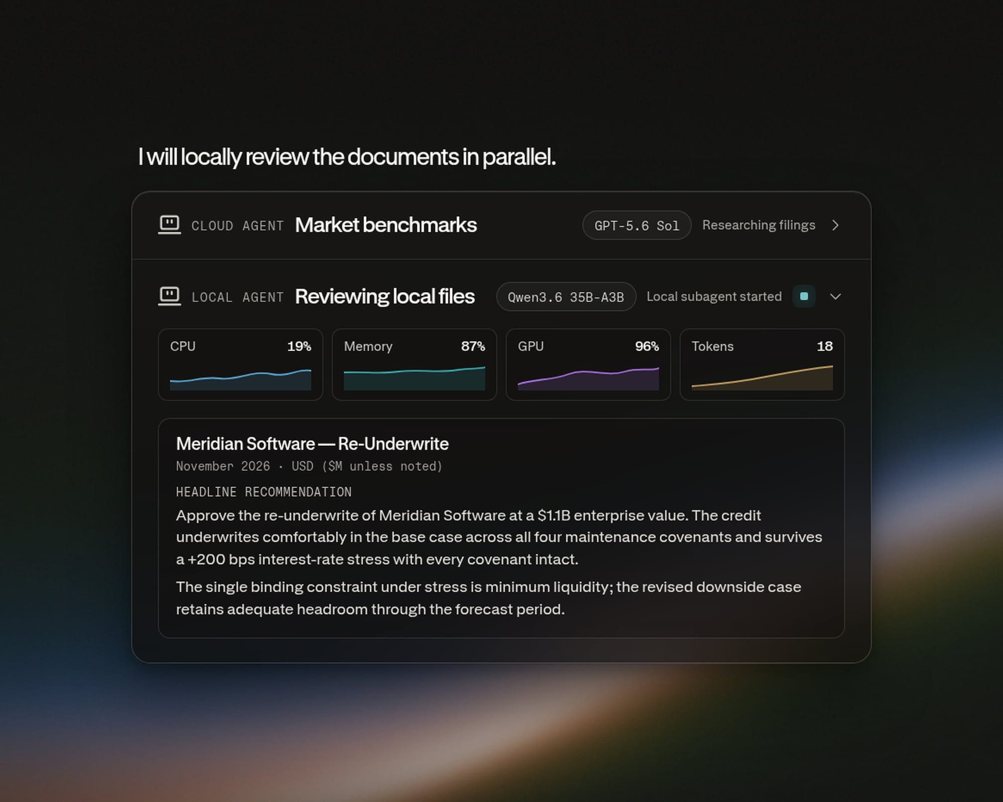 Perplexity Computer 以雲端模型與 Mac 本機模型並行處理工作的官方畫面