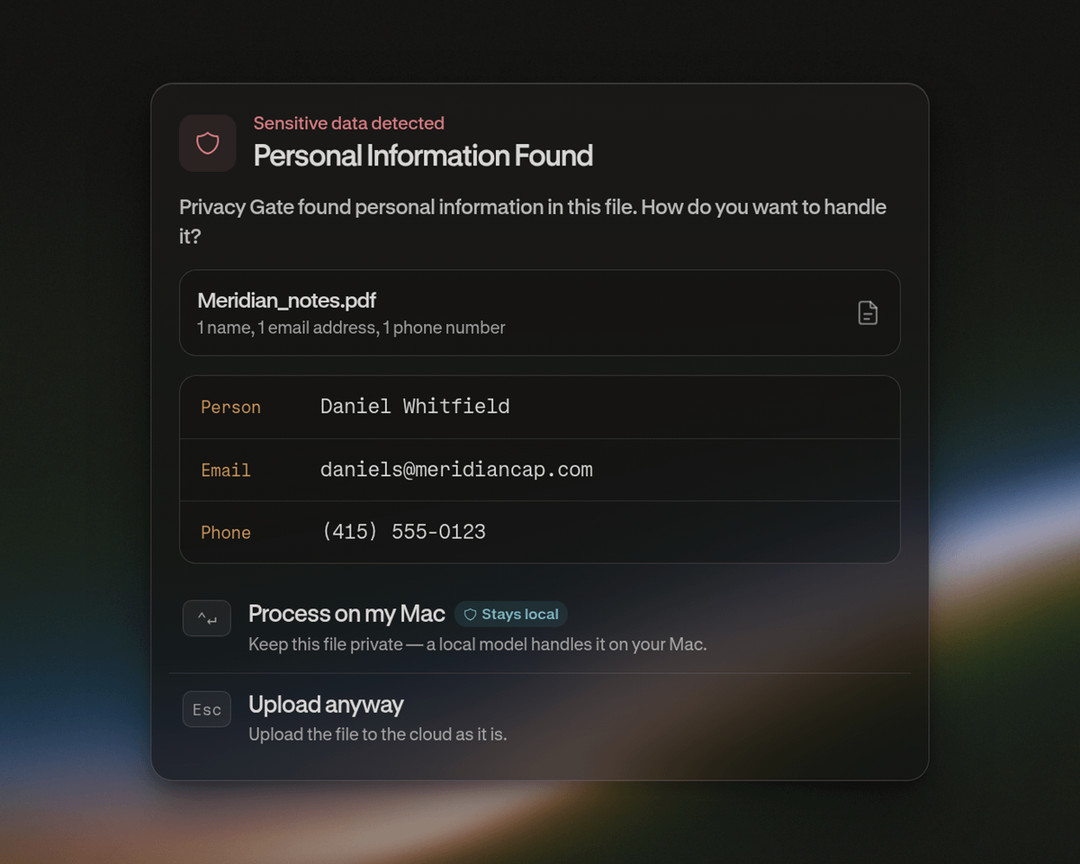 Perplexity Privacy Gate 偵測姓名電子郵件與電話的官方畫面